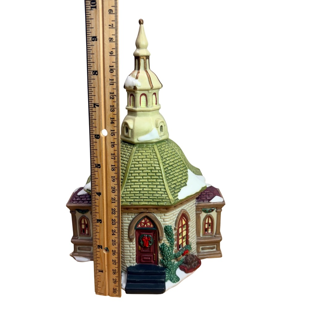 Vintage 1999 Christmas Church Village Building Green Cream Retro Holiday Decor - Picture 9 of 12